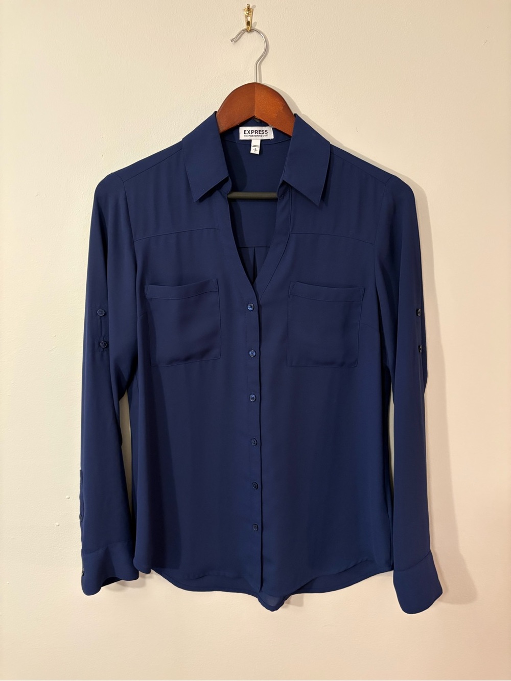 Express Portofino Shirt — Solid Navy Button-Down — Size S 💙